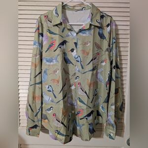 Collared Button Down Green Blouse With Vibrant Bird Design